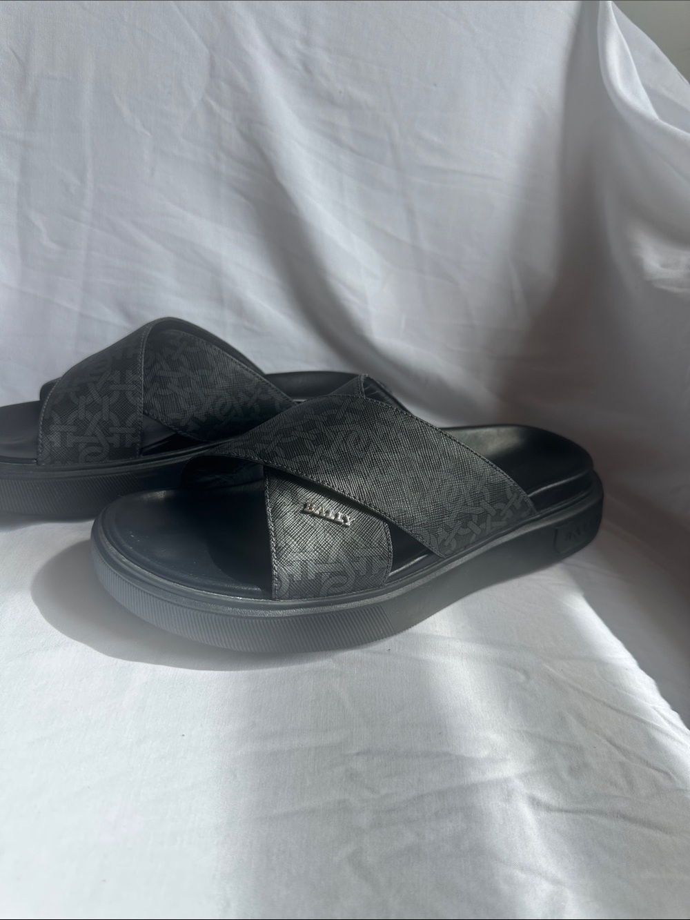 Bally Monogram Crossover Slide Sandals Black Men 9 Leather Logo Platform